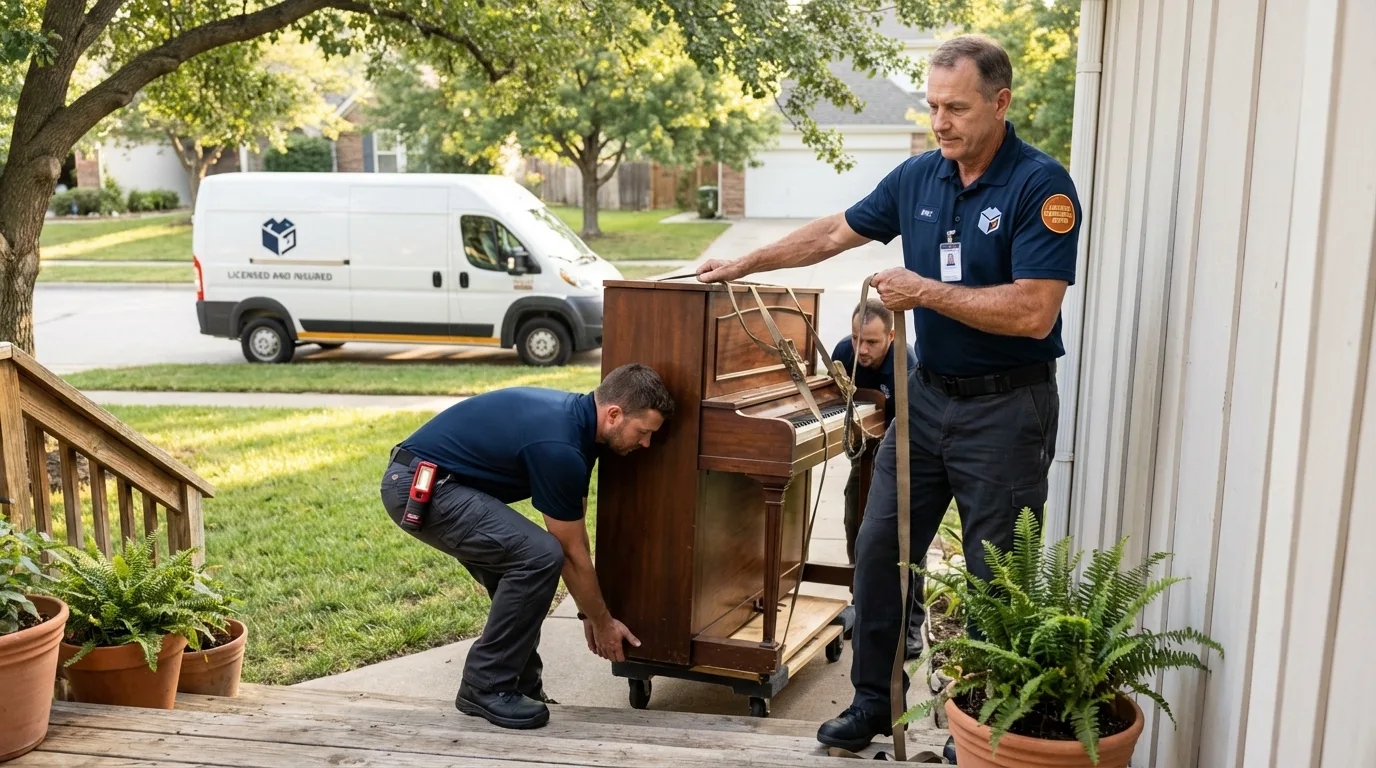 Licensed piano movers securing grand piano in Alton, MO