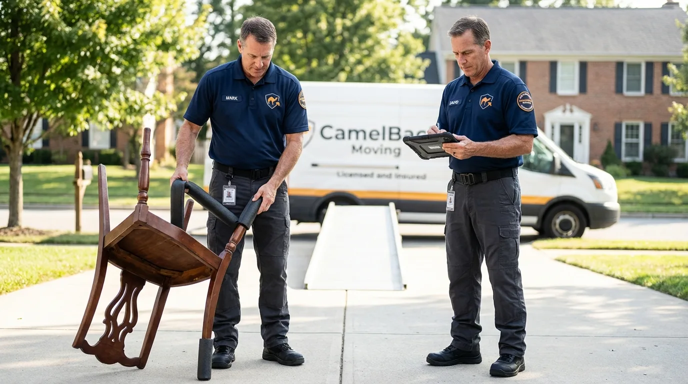 Movers inspecting furniture for damage prevention before loading in Alton, MO